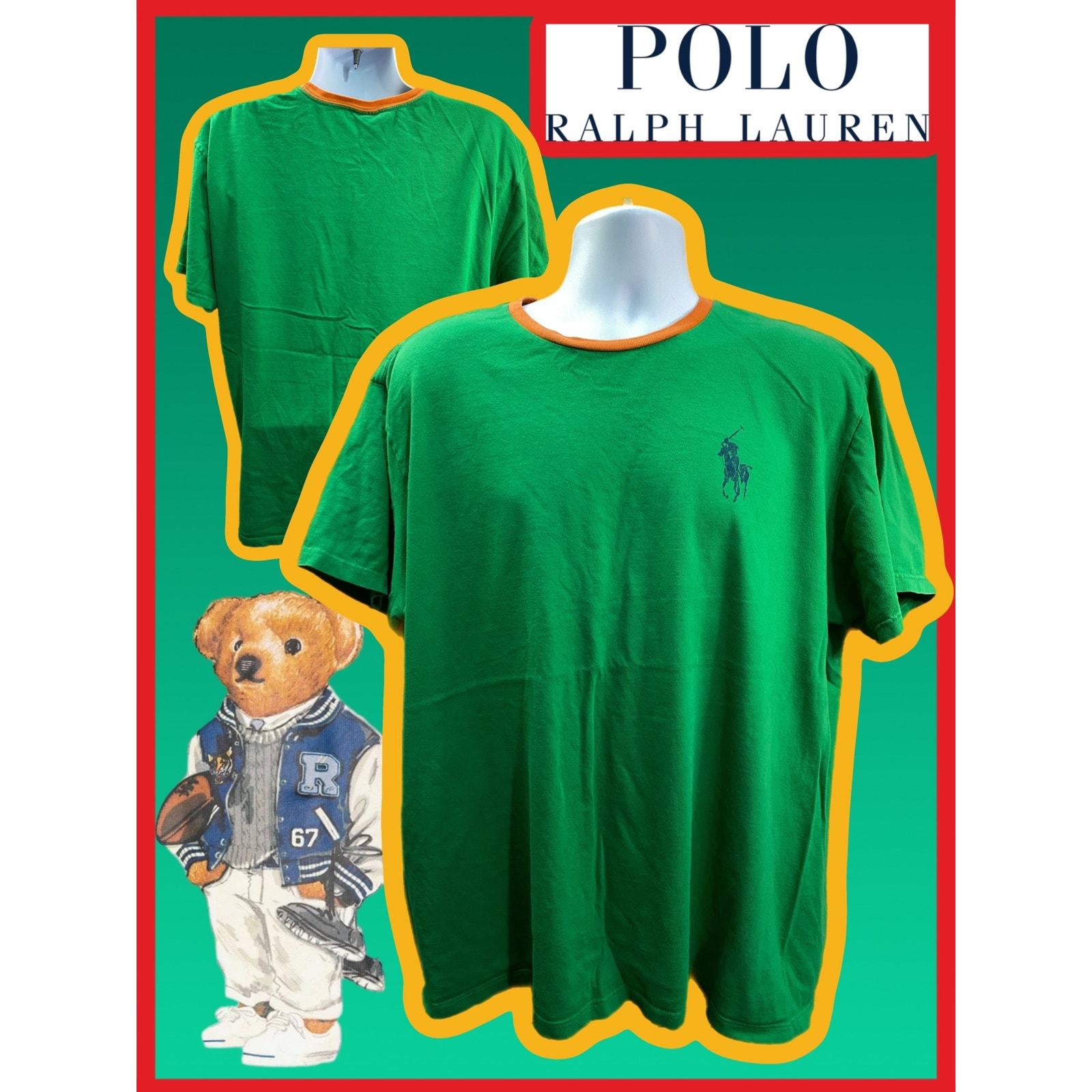 Vintage Polo Ralph Lauren Xl Men's Classic T Shirt Crew Neck Tee Green Orange